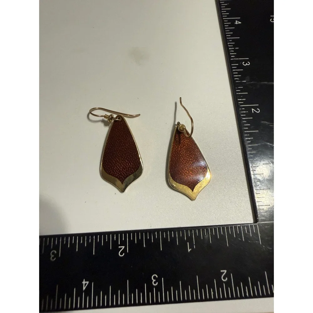 Laurel Burch Petal Enamel Drop Earrings Gold Tone Copper Orange Vintage Signed
